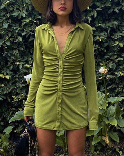 Women Long Sleeve Turn-down Collar Short Dress Orange Purple Green Black S-L