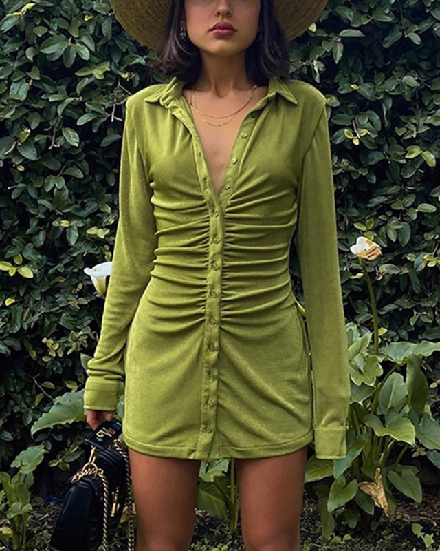 Women Long Sleeve Turn-down Collar Short Dress Orange Purple Green Black S-L