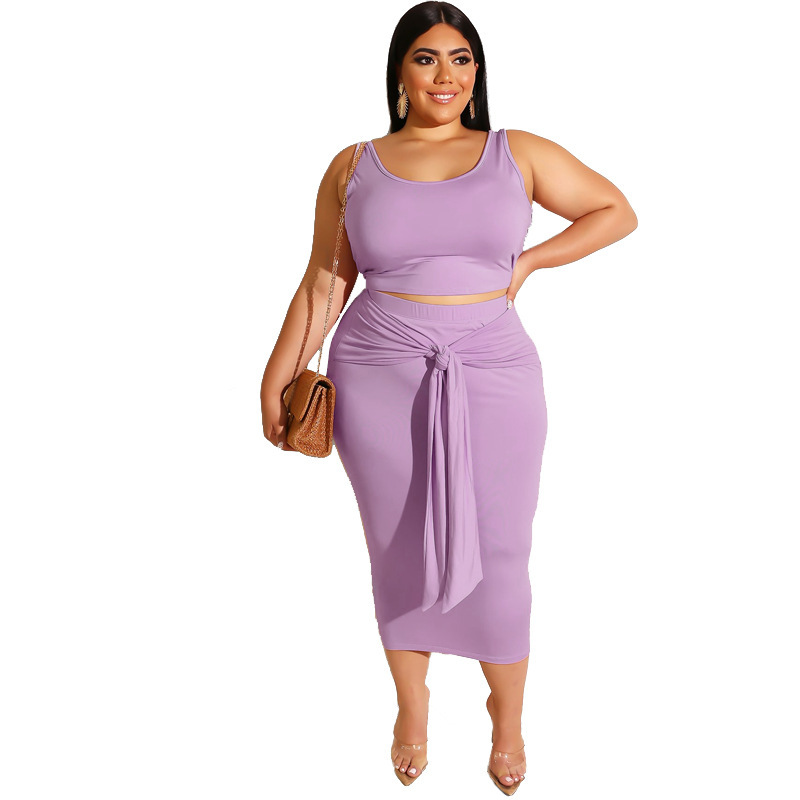 Women Solid Color Sleeveless Casual Plus Size Two Piece Sets Skirt Sets Black Pink Purple Navy Blue Wine Red Light Green Army Green XL-5XL