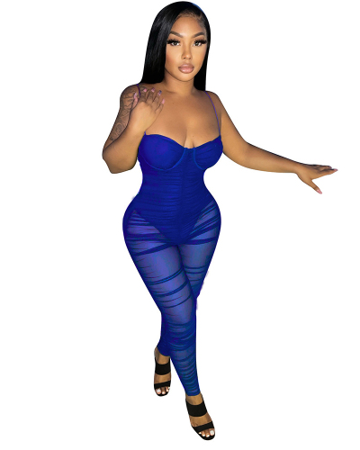 Lady Sexy See Through Mesh Party Jumpsuit Red Black Blue Purple S-2XL