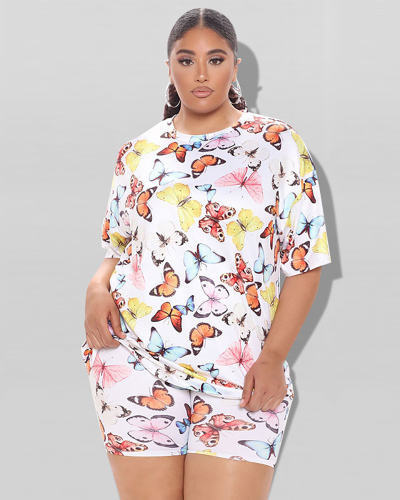 Plus size women's summer 2021 new butterfly print fashion set