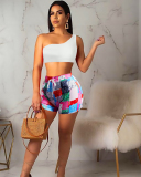 Lady Solid Color Tops Printing Pants Two Piece Set S-XL