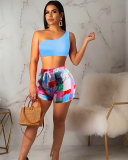 Lady Solid Color Tops Printing Pants Two Piece Set S-XL