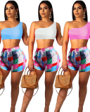 Lady Solid Color Tops Printing Pants Two Piece Set S-XL