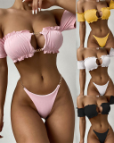 Lady Fashion Sexy Lotus Leaf Lace One Shoulder Hollow Out Two-Piece Bikini Beach Swimsuit Solid Color S-L