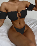 Lady Fashion Sexy Lotus Leaf Lace One Shoulder Hollow Out Two-Piece Bikini Beach Swimsuit Solid Color S-L