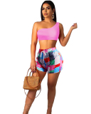 Lady Solid Color Tops Printing Pants Two Piece Set S-XL