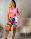 Lady Solid Color Tops Printing Pants Two Piece Set S-XL