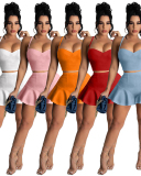 Slim Women Solid Color Two Piece Ruffle Short Set S-XXL