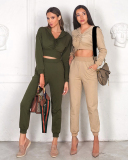 Slim-fit Causal Sports Drawstring Trouser Suit For Women Solid Color Long Sleeved hoodie Two Piece Suit