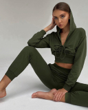 Slim-fit Causal Sports Drawstring Trouser Suit For Women Solid Color Long Sleeved hoodie Two Piece Suit