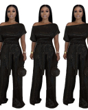 Women Slash Neck Short Sleeve Shining Wide Leg Jumpsuits Black Blue Gold Pink S-4XL