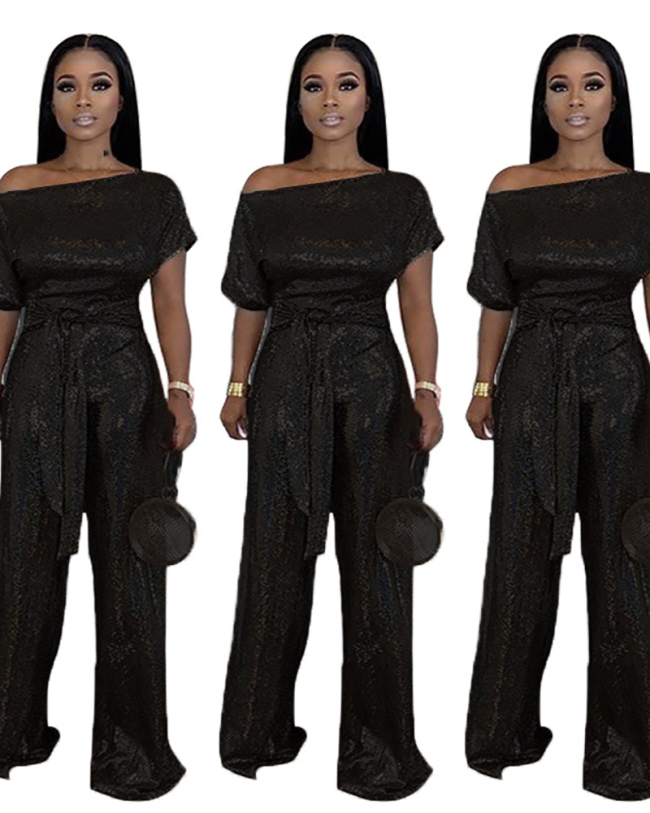 Women Slash Neck Short Sleeve Shining Wide Leg Jumpsuits Black Blue Gold Pink S-4XL