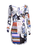 Summer New Women Hollow Out Printed Long Sleeve Mini Causal Dress Blue S-XL