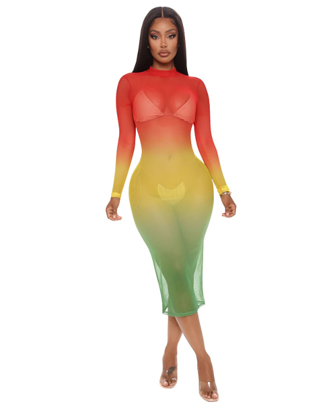 Women Hammock Neck Long Sleeve See Through Gradients Mini Dresses S-2XL