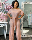 Women Slash Neck Short Sleeve Shining Wide Leg Jumpsuits Black Blue Gold Pink S-4XL