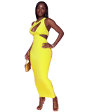 Women Hollow Out Solid Color Sleeveless Slim Maxi Causal Dress Yellow S-XL