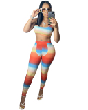 Women Fashion Colorblock Casual Street Style Crop Tops Two Piece Set Pink Yellow Orange S-2XL