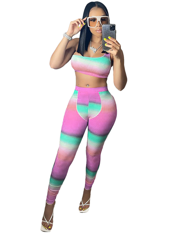 Women Fashion Colorblock Casual Street Style Crop Tops Two Piece Set Pink Yellow Orange S-2XL