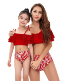 Fashion New Ruffled Sling Water Printed High-Waist Bikini Mother and Daughter Two-Piece Swimwear
