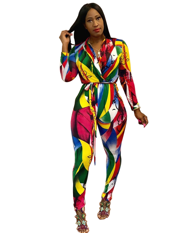 Digital Printed V-neck Jumpsuit S-XXL