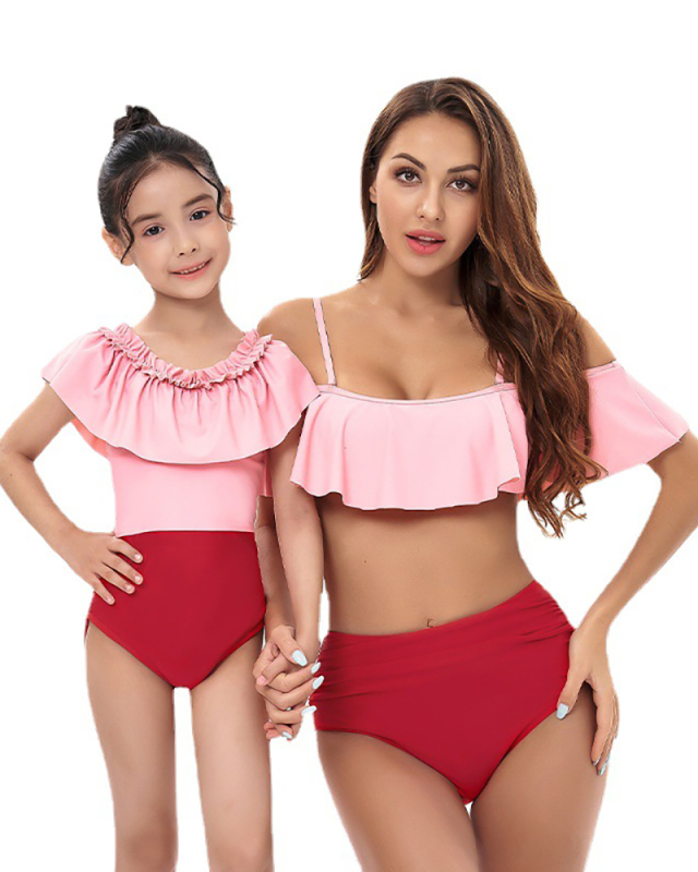 Fashion New High Waist Lotus Lace Strapless Color Block Stitching Mother and Daughter Bikini Swimming Adult S-Adult XL Child 104-Child 164