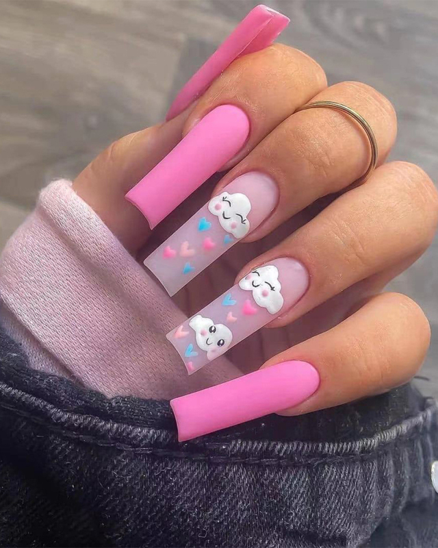 24pcs Press on Fake Nail Clouds Print Removable Long Nail Patch