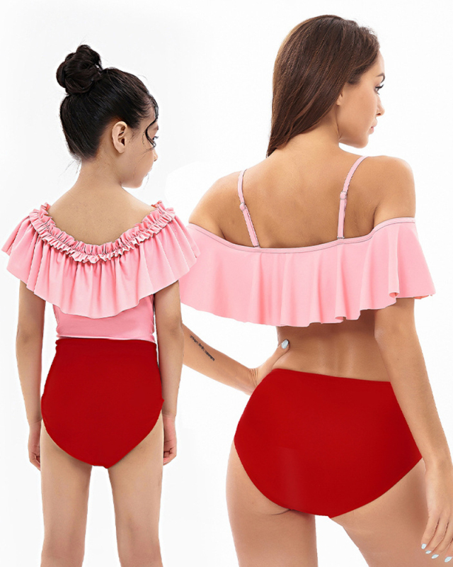 Fashion New High Waist Lotus Lace Strapless Color Block Stitching Mother and Daughter Bikini Swimming Adult S-Adult XL Child 104-Child 164