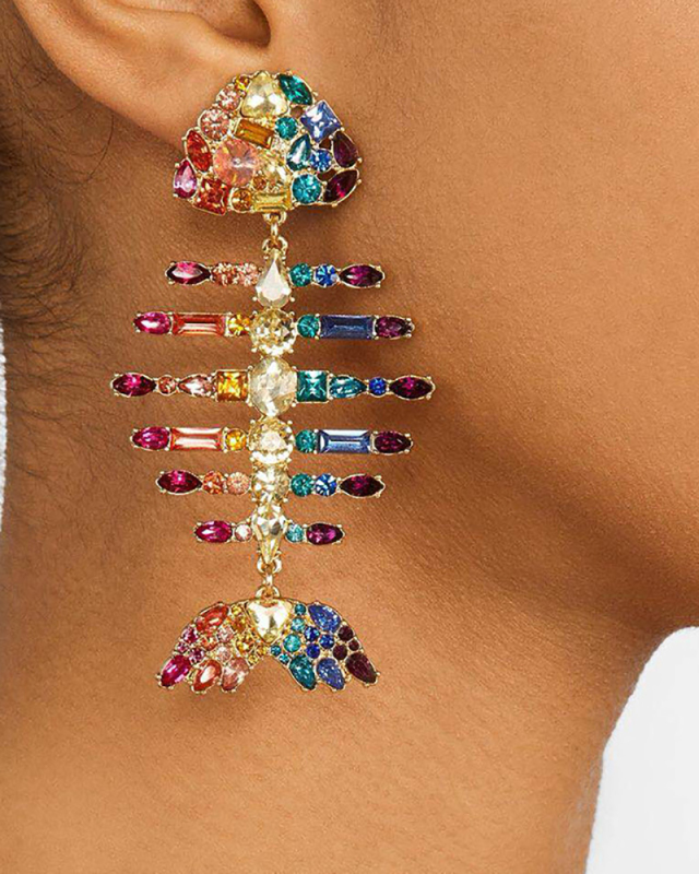 Fashion Exaggerated Creative Full Diamond Fishbone Fancy Color Diamond Earrings