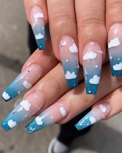 Sky Blue Clouds Pattern Artificial Nails Long Nails Removable