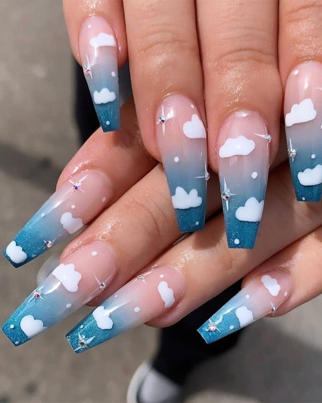 Sky Blue Clouds Pattern Artificial Nails Long Nails Removable