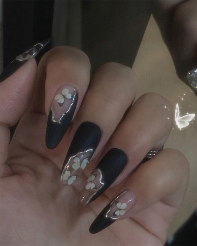 24pcs Dark Baroque Style Butterfly Pattern Wearing Nails Long Artificial Nails Removable Waterproof Fake Nails
