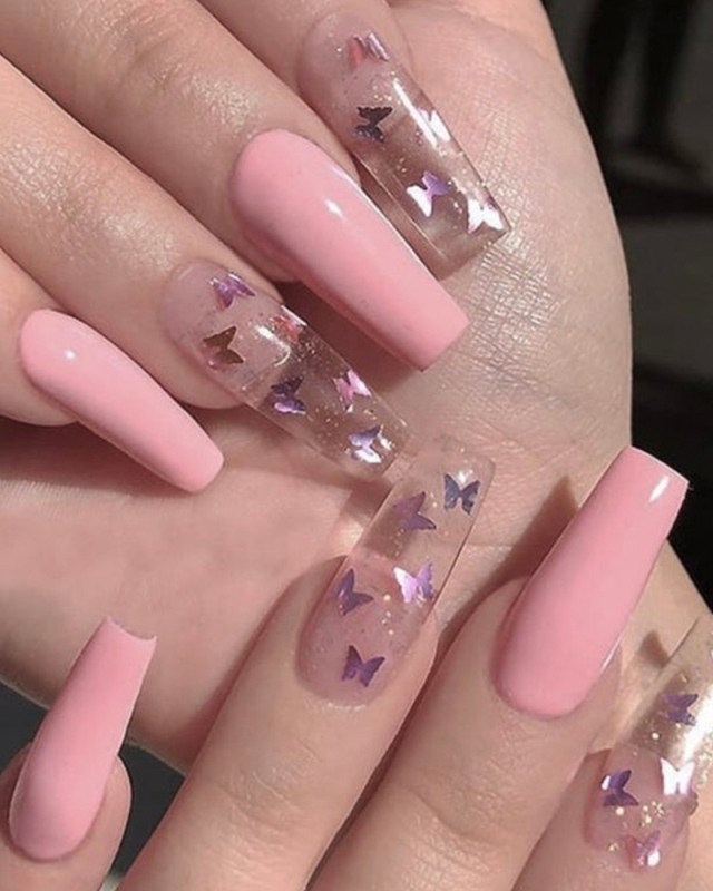 24pcs Butterfly Pattern Solid Pink Long Artificial Nails