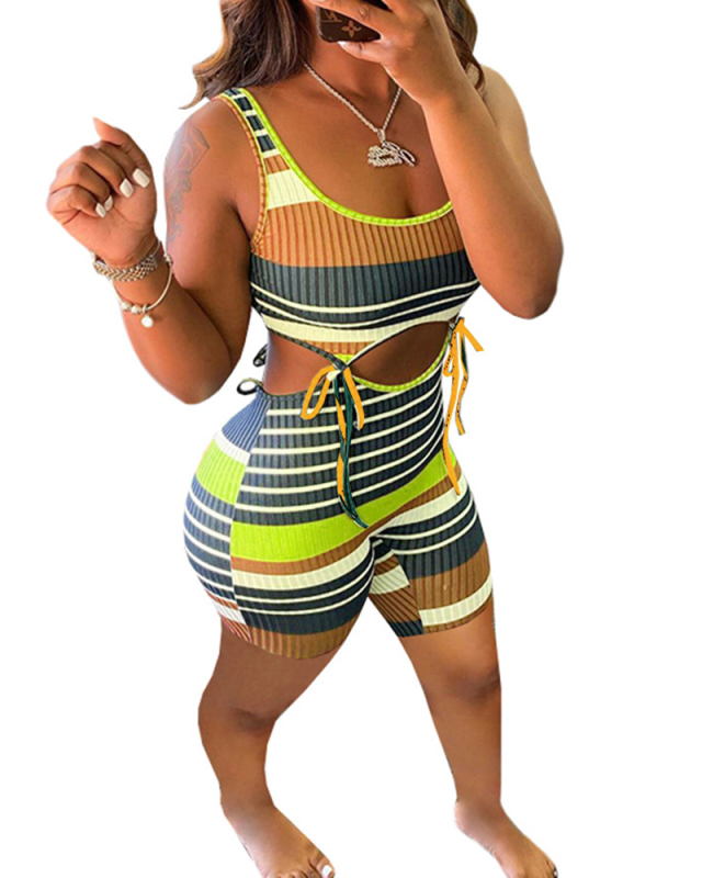 Hot Sale Summer Strappy Hollow Out Colorful Striped Sleeveless Women Stylish Rompers XS-2XL