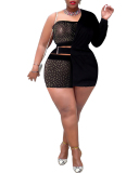 Summer Hot Sale Fashion Sexy Women One Sleeve Glitter Three Pieces Outfit Black White S-XL