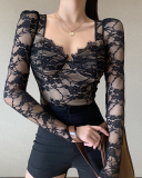 Women Sxey V-Neck Long Sleeve Tops Black S-L