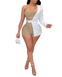 Summer Hot Sale Fashion Sexy Women One Sleeve Glitter Three Pieces Outfit Black White S-XL