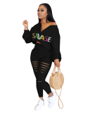 Woman Long Sleeve V Neck Tops Hollow Out Pants Two Pieces Outfit Pink Red Black S-3XL
