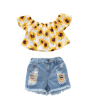 Girl's Floral Top Denim Broken Shorts Three-piece Set Shorts Set
