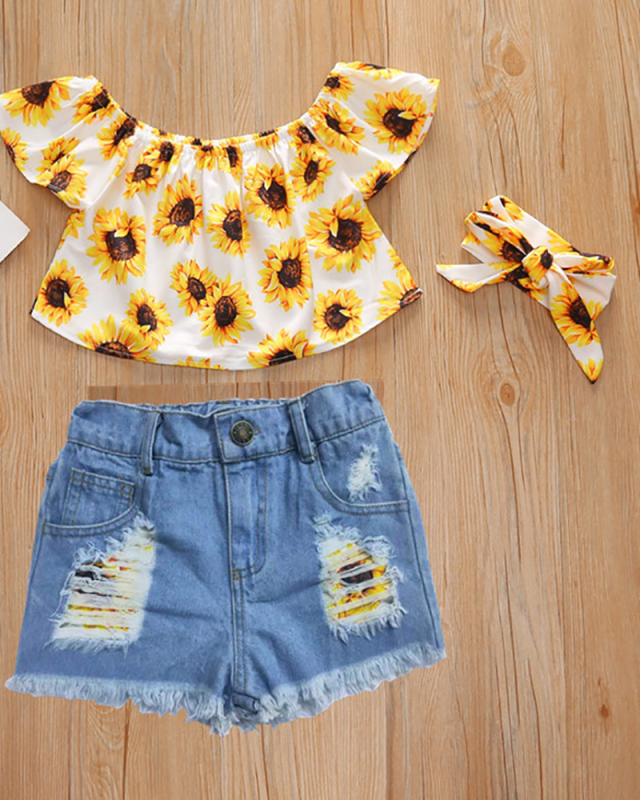 Girl's Floral Top Denim Broken Shorts Three-piece Set Shorts Set