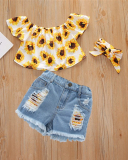 Girl's Floral Top Denim Broken Shorts Three-piece Set Shorts Set