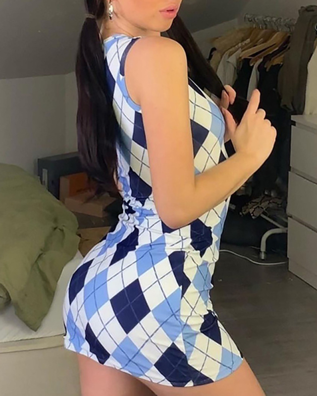 Girls Sexy Printing Sleeveless One Piece Dress Blue S-L 