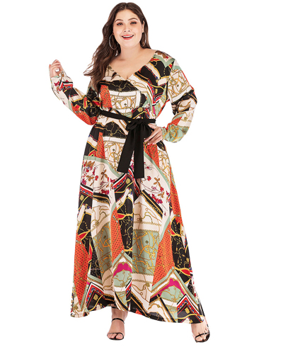 Woman Fashion Light Mature Loose V-Neck Sexy Printed Lace-up Dress L-4XL