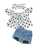 Girl's Print Pullover White Polka Dot Top Denim Shorts Set Children's Two-piece Set