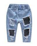 Girl's Pink Letters Printed T Shirt Top Denim Jeans Two-piece Set Pants Set