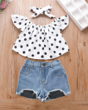 Girl's Print Pullover White Polka Dot Top Denim Shorts Set Children's Two-piece Set