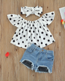 Girl's Print Pullover White Polka Dot Top Denim Shorts Set Children's Two-piece Set