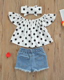 Girl's Print Pullover White Polka Dot Top Denim Shorts Set Children's Two-piece Set