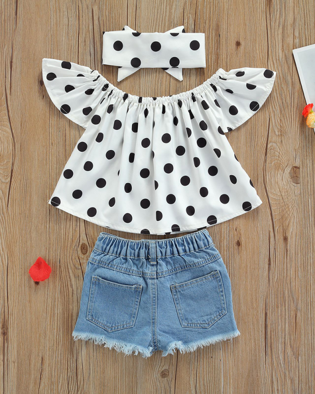 Girl's Print Pullover White Polka Dot Top Denim Shorts Set Children's Two-piece Set