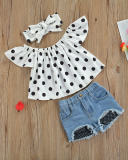 Girl's Print Pullover White Polka Dot Top Denim Shorts Set Children's Two-piece Set